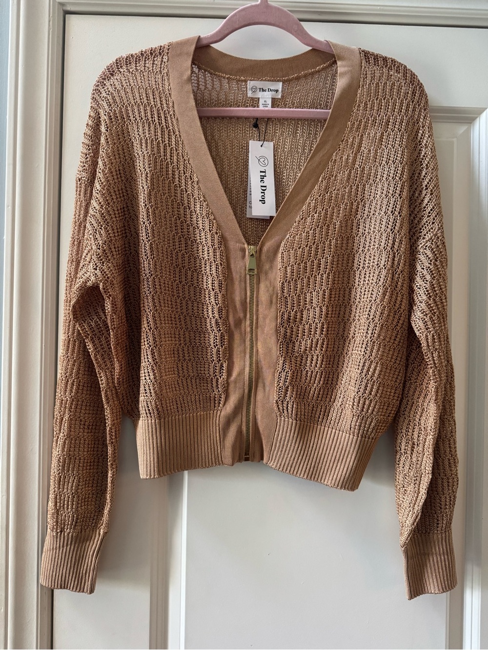 The Drop Latte Open Knit Zip Front Cardigan Sweater XL NWT Gold Tan Light Brown - Picture 3 of 8